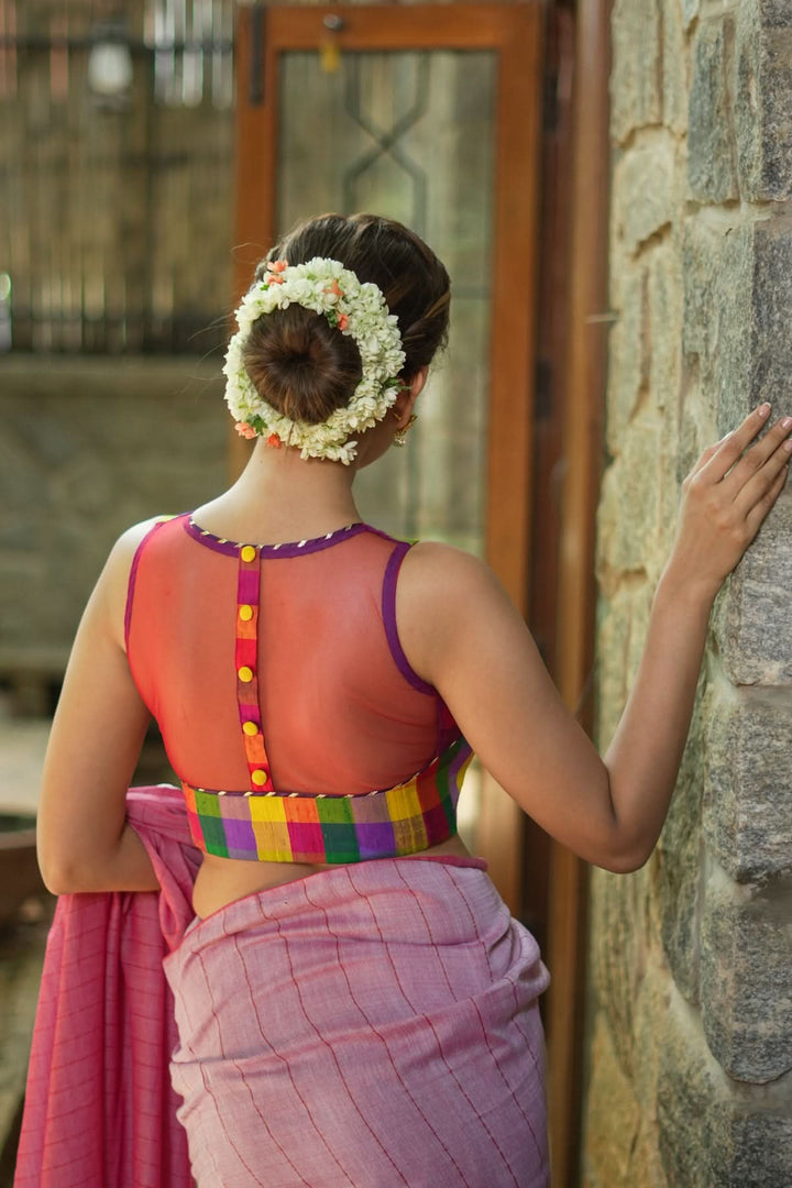 Multicolor checked pure rawsilk sheer back sleeveless blouse