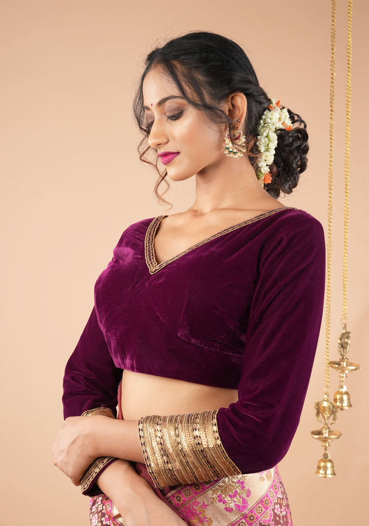 Burgundy Velvet Blouse with 3/4 sleeves and Matt Antique Sequins detailing