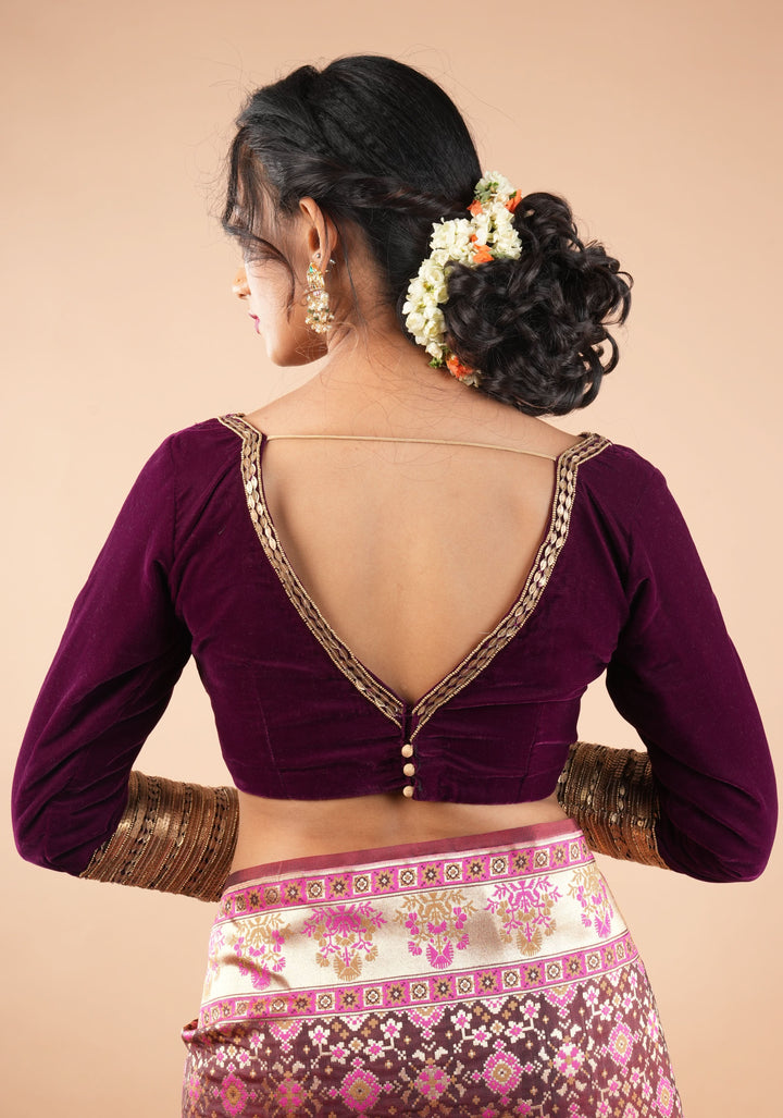 Burgundy Velvet Blouse with 3/4 sleeves and Matt Antique Sequins detailing