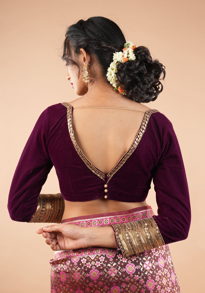 Burgundy Velvet Blouse with 3/4 sleeves and Matt Antique Sequins detailing