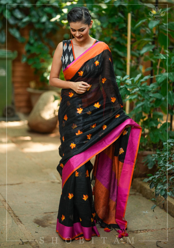 Linen by Linen Saree in Black with Fall Leaves Embroidery and Ganga Jamuna Borders | Shobitam Saree