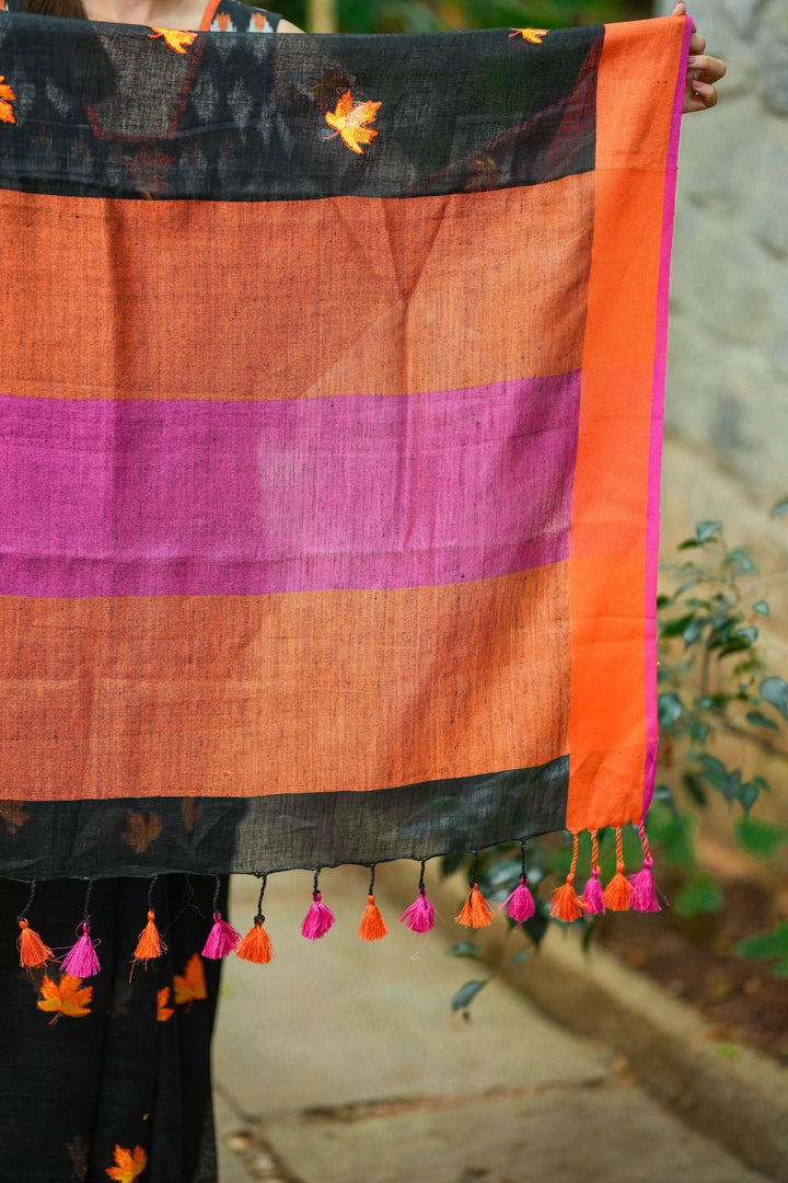 Linen by Linen Saree in Black with Fall Leaves Embroidery and Ganga Jamuna Borders | Shobitam Saree