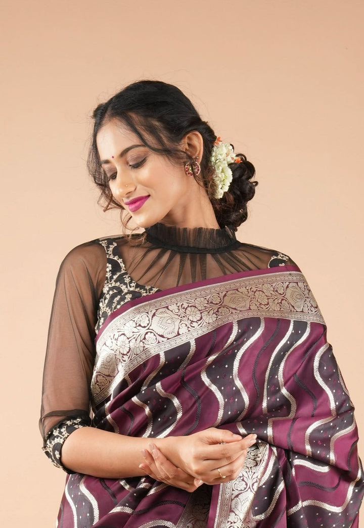 Black embroidered blouse with net gathered yoke and scalloped front base