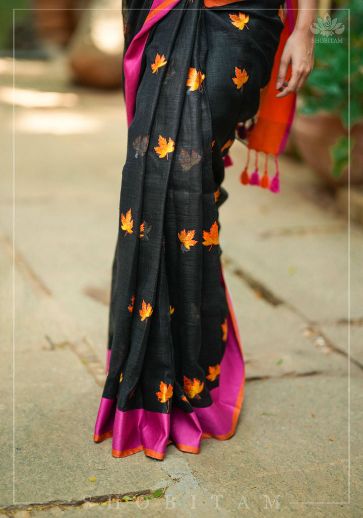 Linen by Linen Saree in Black with Fall Leaves Embroidery and Ganga Jamuna Borders | Shobitam Saree