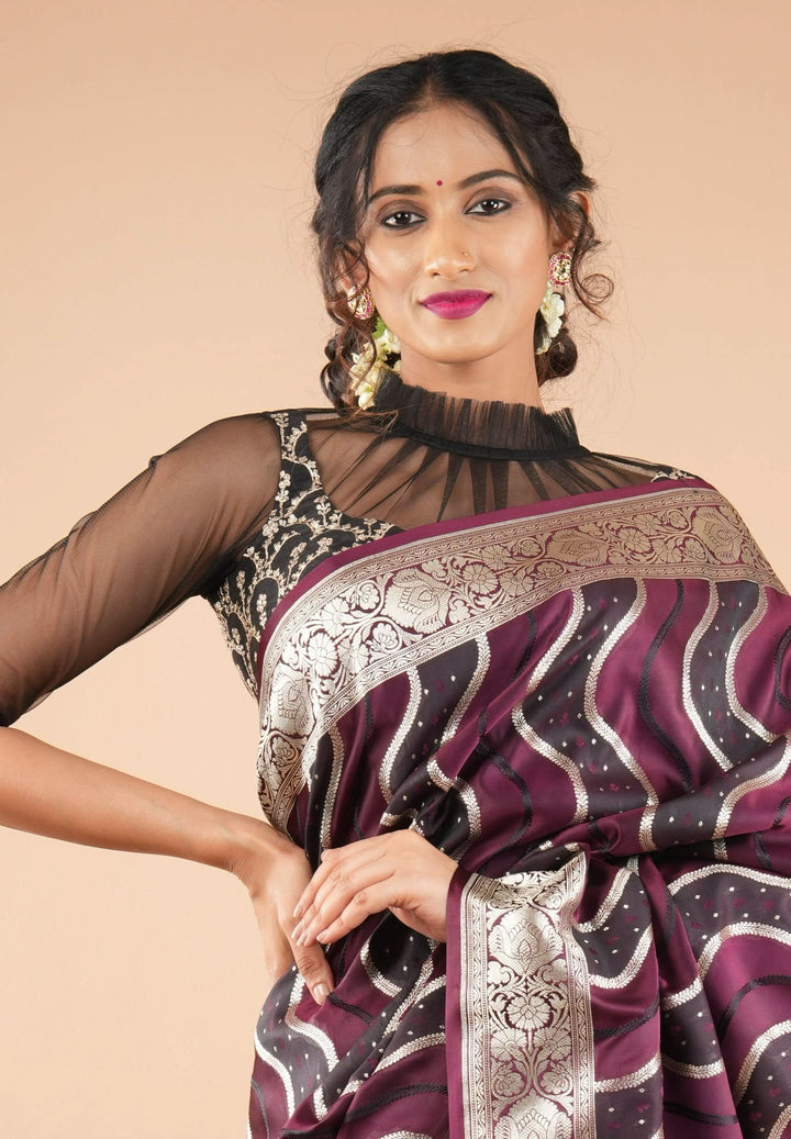 Black embroidered blouse with net gathered yoke and scalloped front base