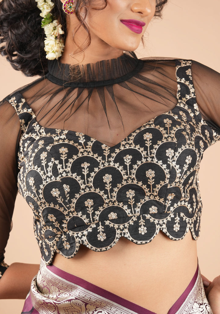 Black embroidered blouse with net gathered yoke and scalloped front base