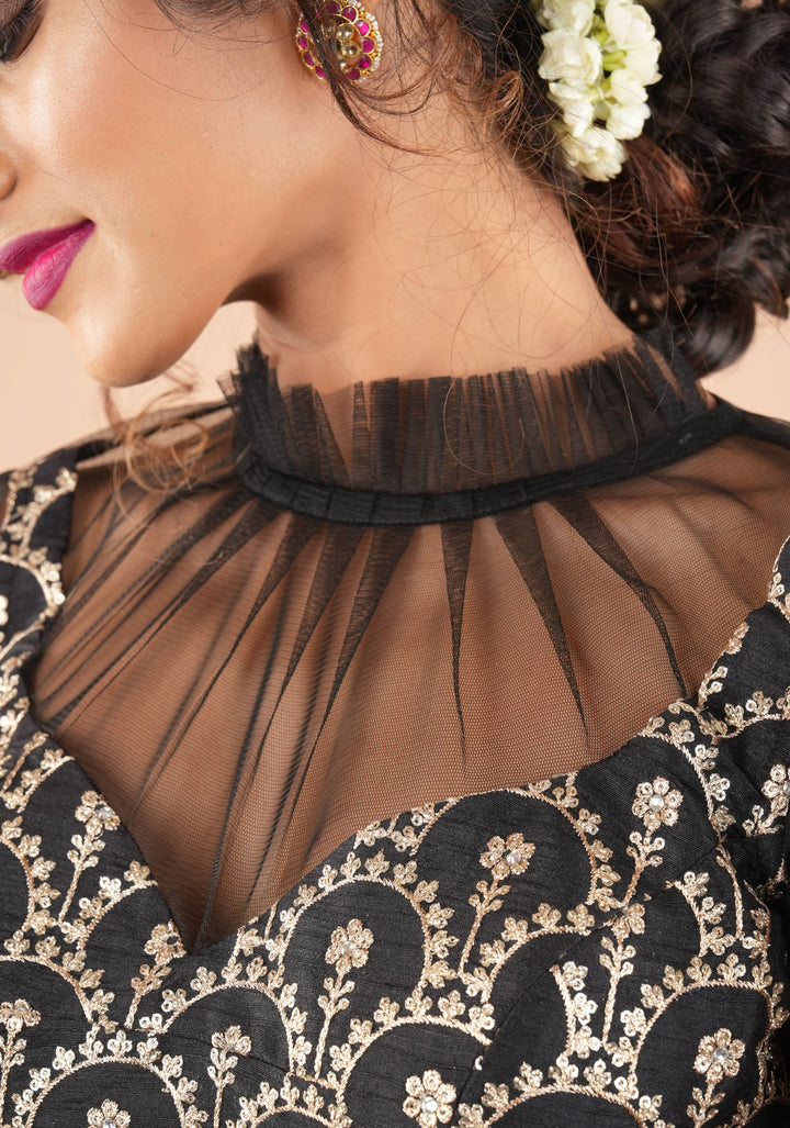 Black embroidered blouse with net gathered yoke and scalloped front base