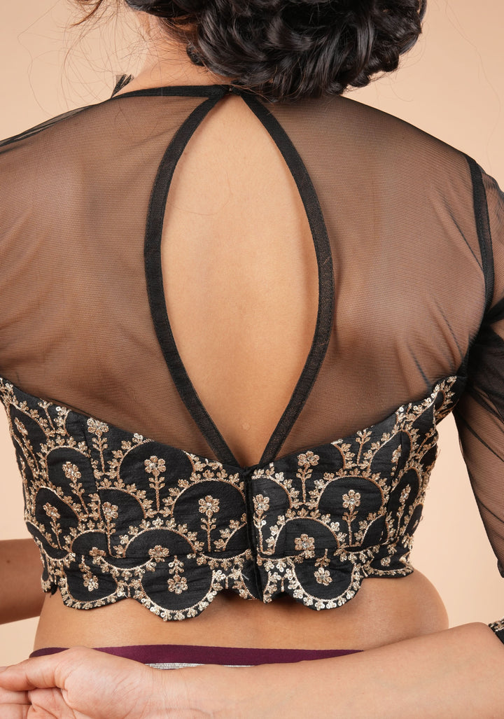 Black embroidered blouse with net gathered yoke and scalloped front base