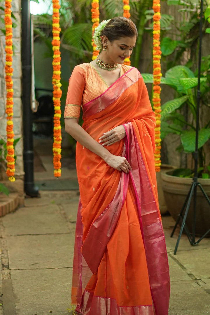 Handwoven Maheshwari Silk Cotton Saree in Orange and Pink Combination with Zari Border