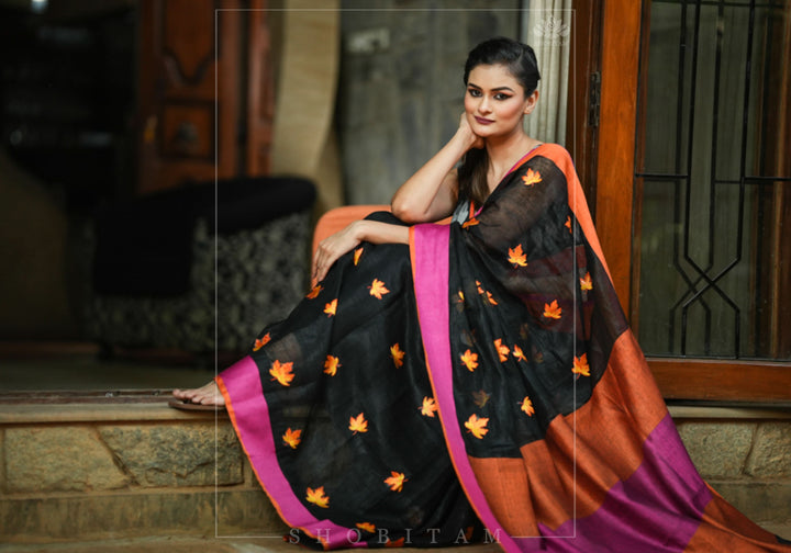 Linen by Linen Saree in Black with Fall Leaves Embroidery and Ganga Jamuna Borders | Shobitam Saree