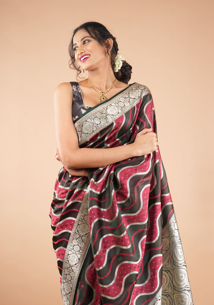 Maroon tone Exquisite Meenakari Vertical Wavy curve zari lines Semi Silk Saree and zari border