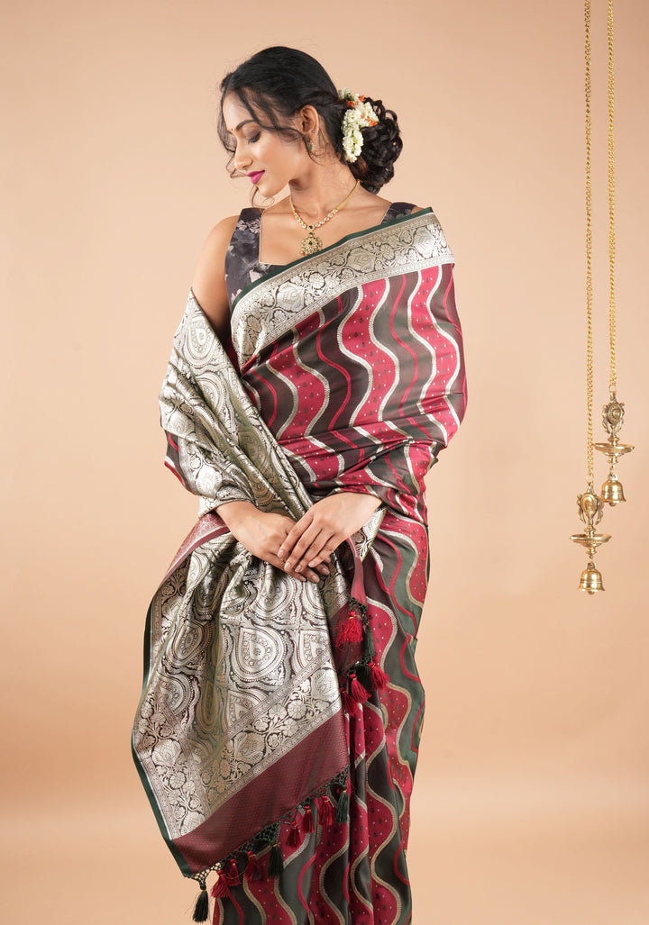 Maroon tone Exquisite Meenakari Vertical Wavy curve zari lines Semi Silk Saree and zari border