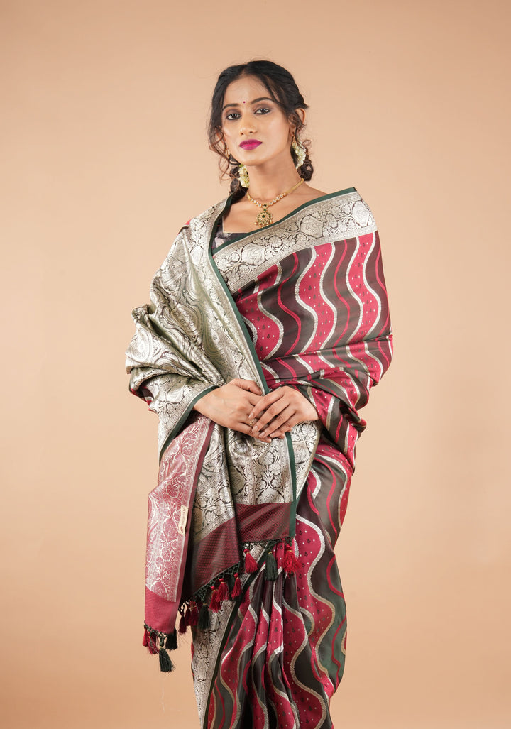 Maroon tone Exquisite Meenakari Vertical Wavy curve zari lines Semi Silk Saree and zari border