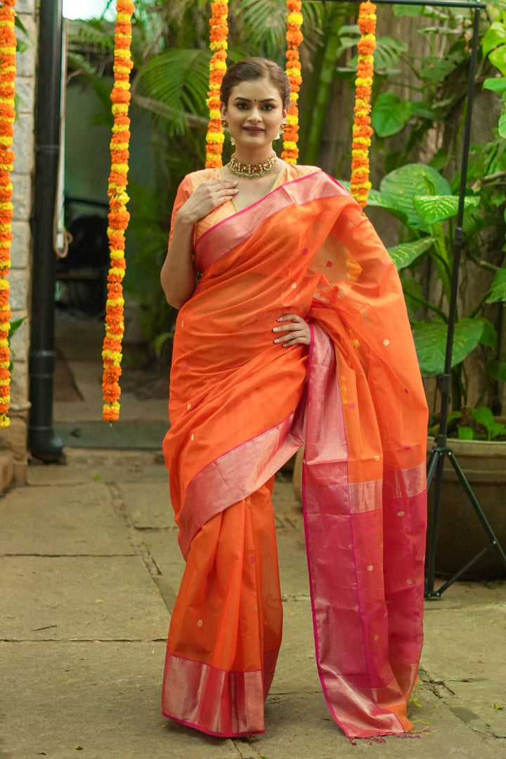Handwoven Maheshwari Silk Cotton Saree in Orange and Pink Combination with Zari Border