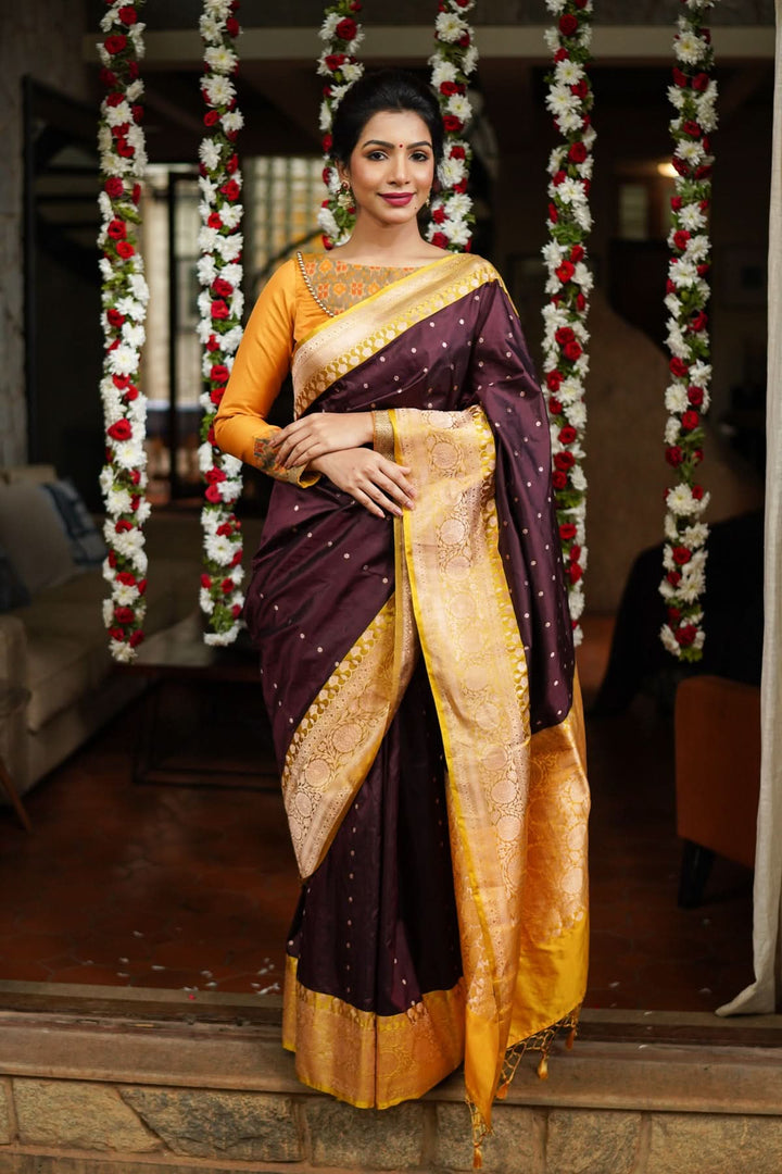 Banarasi Katan Silk Saree in Brown and Yellow with Chunri Buttis | SILK MARK CERTIFIED