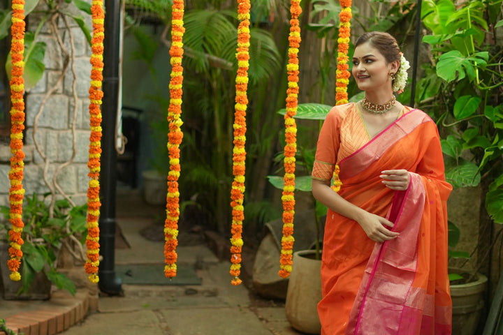 Handwoven Maheshwari Silk Cotton Saree in Orange and Pink Combination with Zari Border