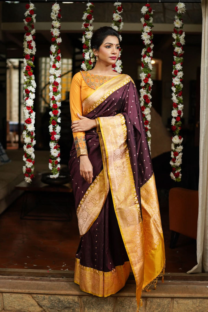 Banarasi Katan Silk Saree in Brown and Yellow with Chunri Buttis | SILK MARK CERTIFIED