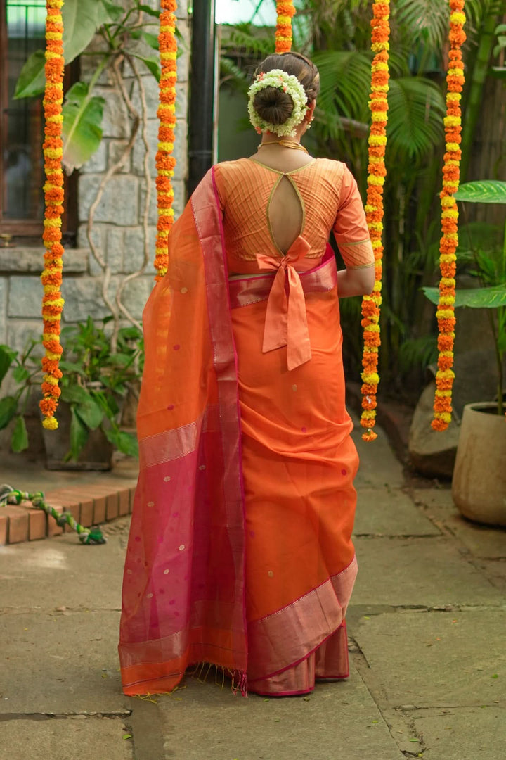 Handwoven Maheshwari Silk Cotton Saree in Orange and Pink Combination with Zari Border