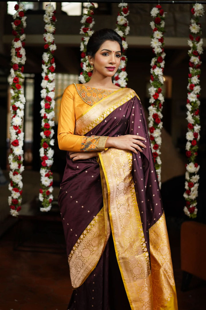 Banarasi Katan Silk Saree in Brown and Yellow with Chunri Buttis | SILK MARK CERTIFIED