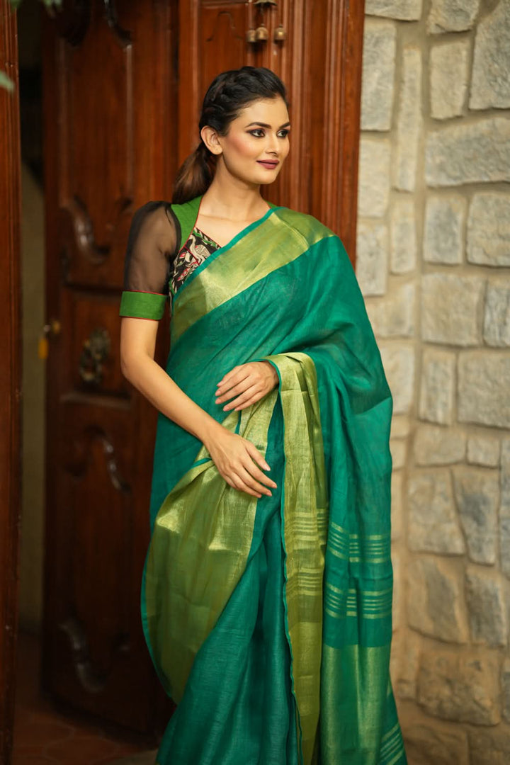 Rama Green Linen Saree with Wide Border | Shobitam Saree
