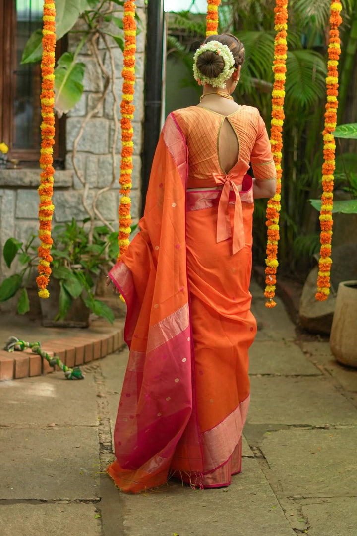 Handwoven Maheshwari Silk Cotton Saree in Orange and Pink Combination with Zari Border