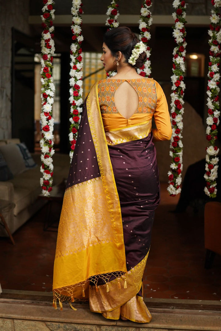Banarasi Katan Silk Saree in Brown and Yellow with Chunri Buttis | SILK MARK CERTIFIED