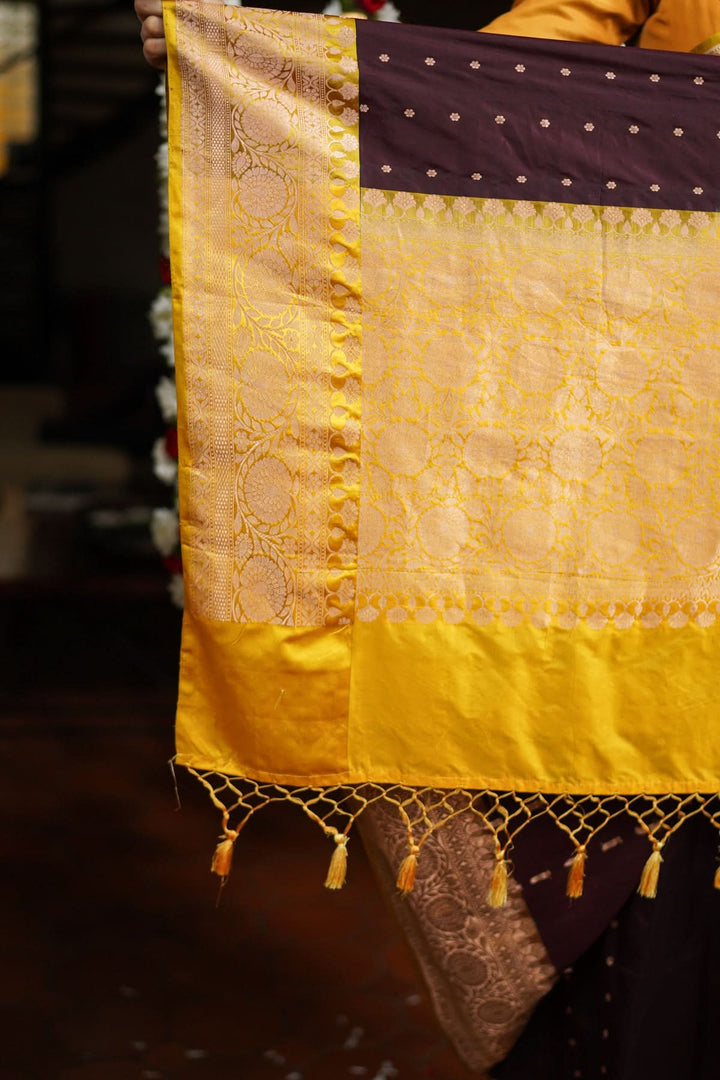 Banarasi Katan Silk Saree in Brown and Yellow with Chunri Buttis | SILK MARK CERTIFIED
