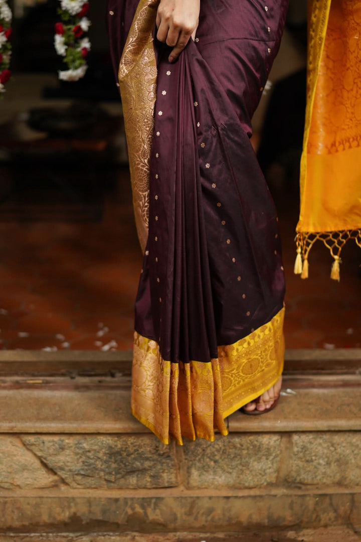 Banarasi Katan Silk Saree in Brown and Yellow with Chunri Buttis | SILK MARK CERTIFIED