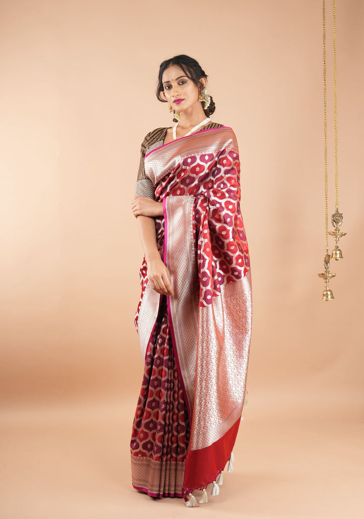 Dark Red tone Exquisite Meenakari Moroccan Design Semi Silk Saree and zari border