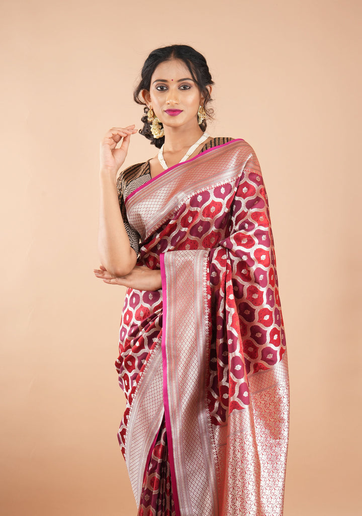 Dark Red tone Exquisite Meenakari Moroccan Design Semi Silk Saree and zari border