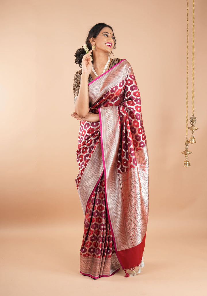 Dark Red tone Exquisite Meenakari Moroccan Design Semi Silk Saree and zari border