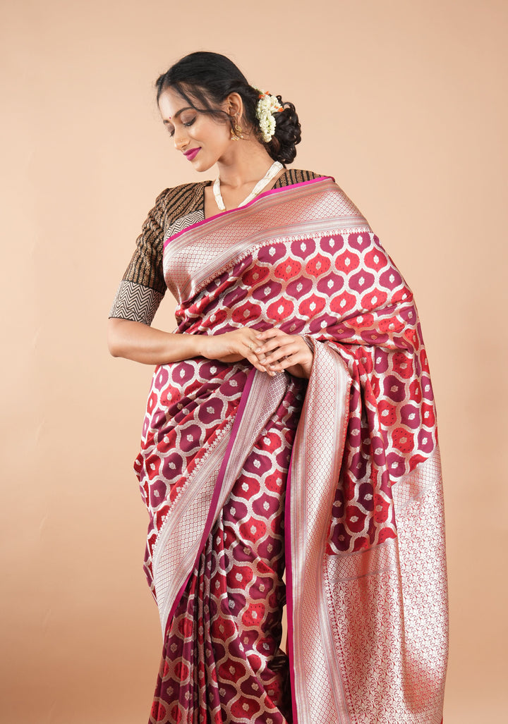 Dark Red tone Exquisite Meenakari Moroccan Design Semi Silk Saree and zari border