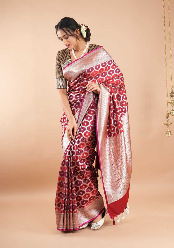 Dark Red tone Exquisite Meenakari Moroccan Design Semi Silk Saree and zari border