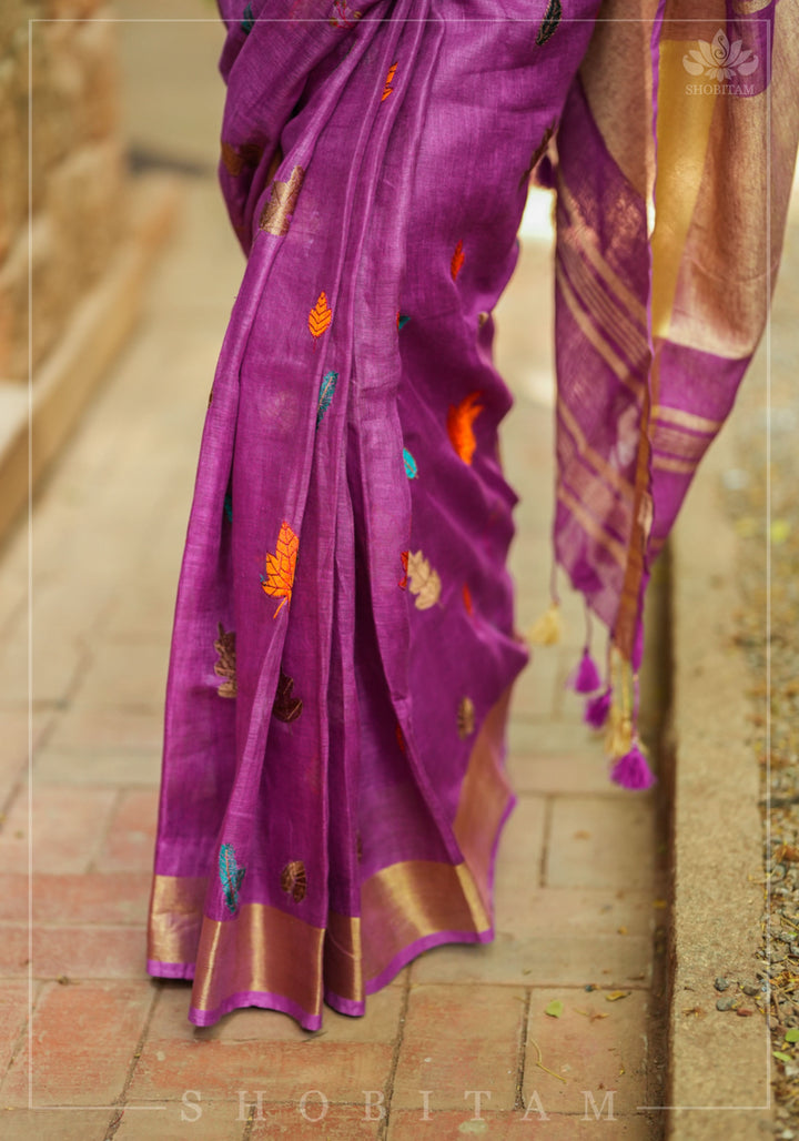 Light Purple Linen Saree with Embroidery | Shobitam Saree