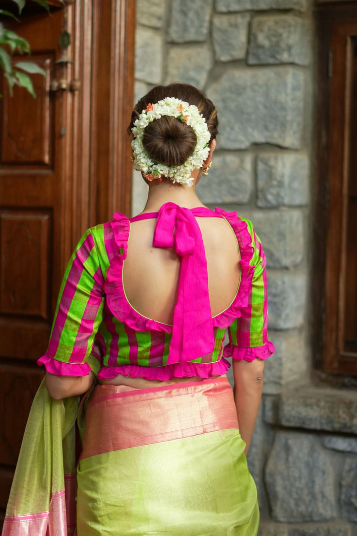 Green pink checked pure raw silk V neck blouse with chiffon frills