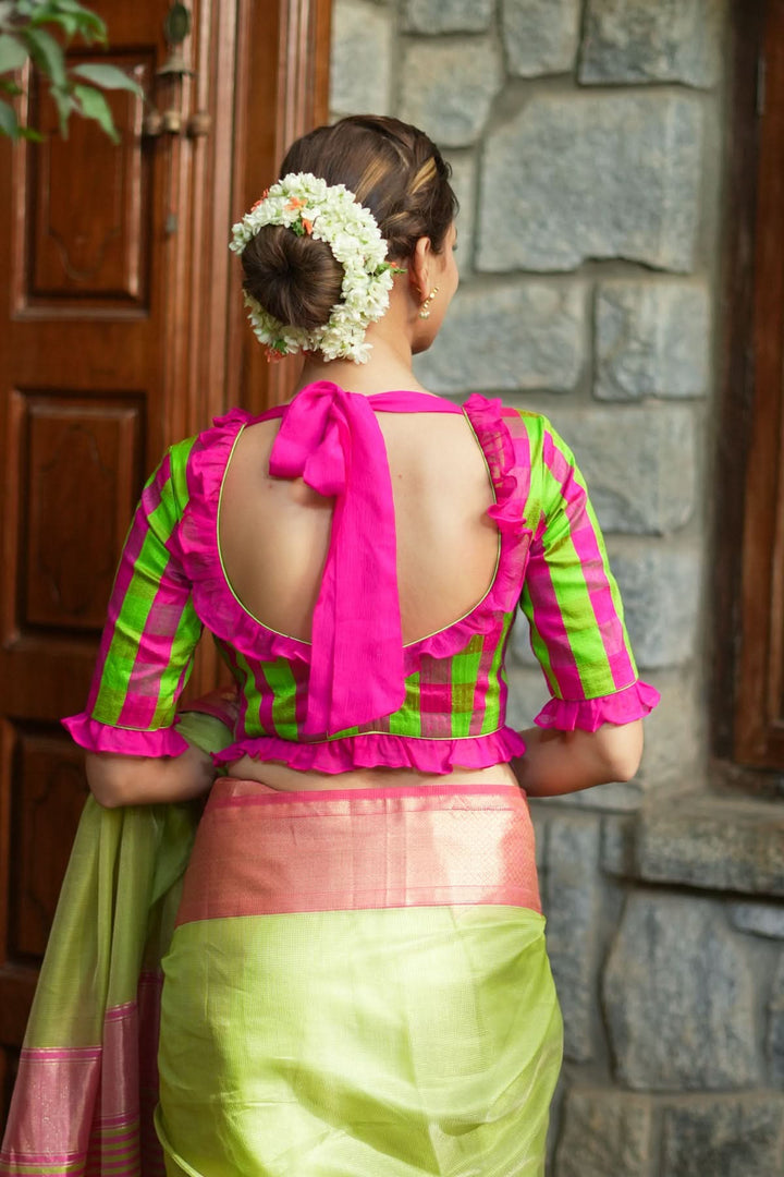 Green pink checked pure raw silk V neck blouse with chiffon frills