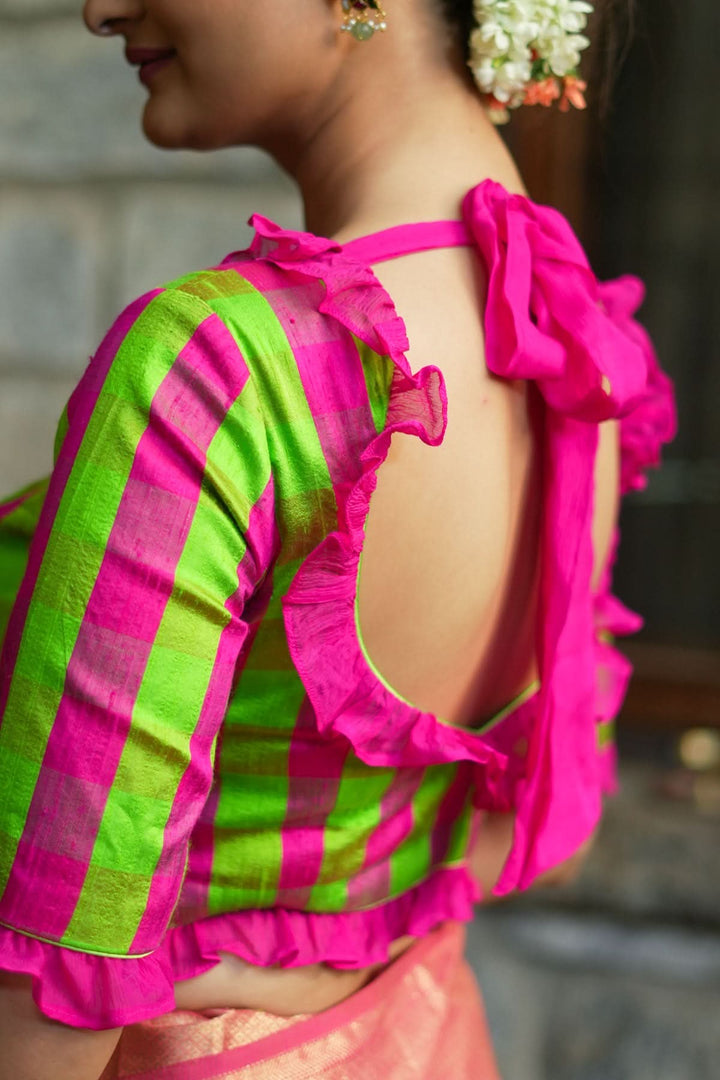 Green pink checked pure raw silk V neck blouse with chiffon frills