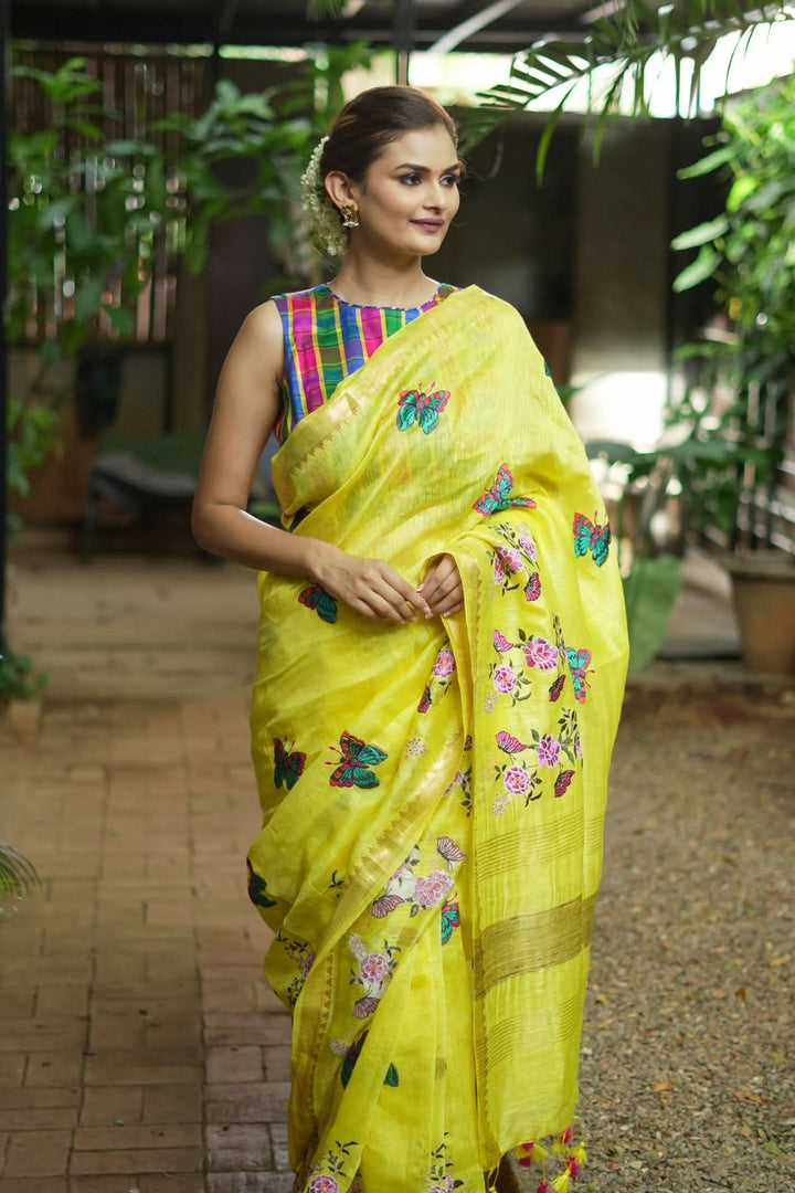 Blooms of Joy - Floral Embroidered Silk Linen Saree in Sunshine Yellow