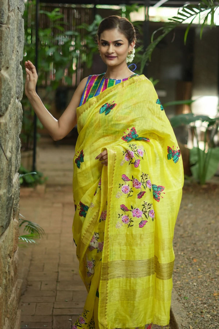 Blooms of Joy - Floral Embroidered Silk Linen Saree in Sunshine Yellow