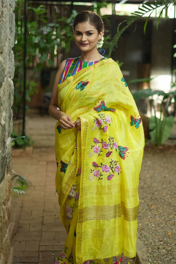 Blooms of Joy - Floral Embroidered Silk Linen Saree in Sunshine Yellow