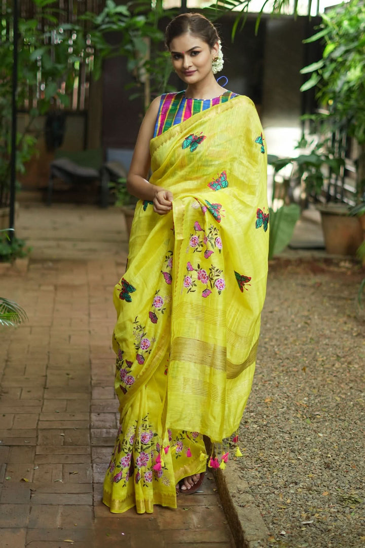 Blooms of Joy - Floral Embroidered Silk Linen Saree in Sunshine Yellow