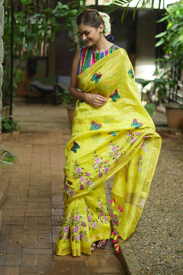 Blooms of Joy - Floral Embroidered Silk Linen Saree in Sunshine Yellow