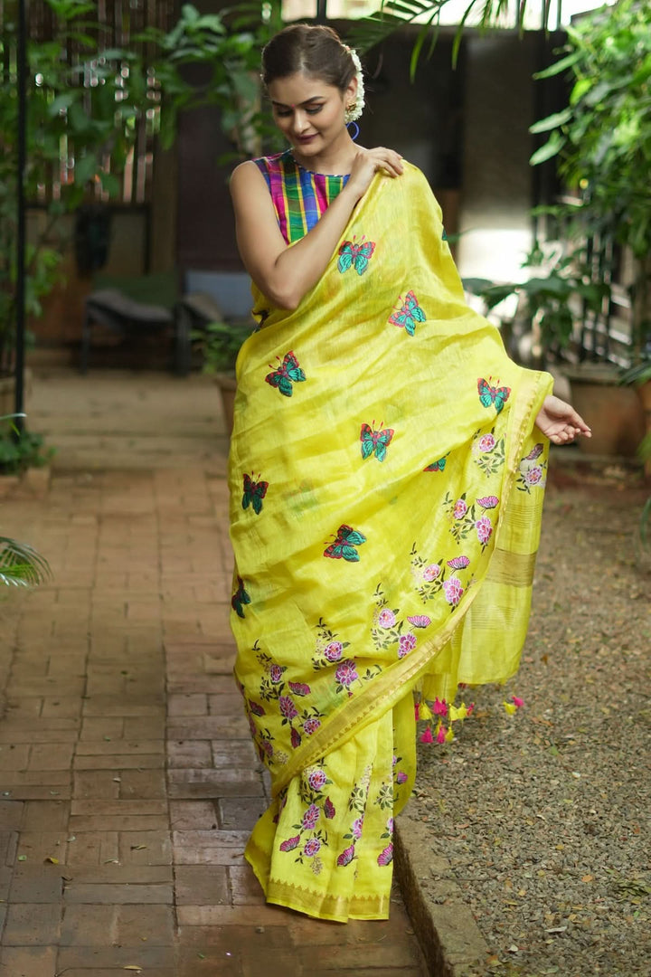 Blooms of Joy - Floral Embroidered Silk Linen Saree in Sunshine Yellow