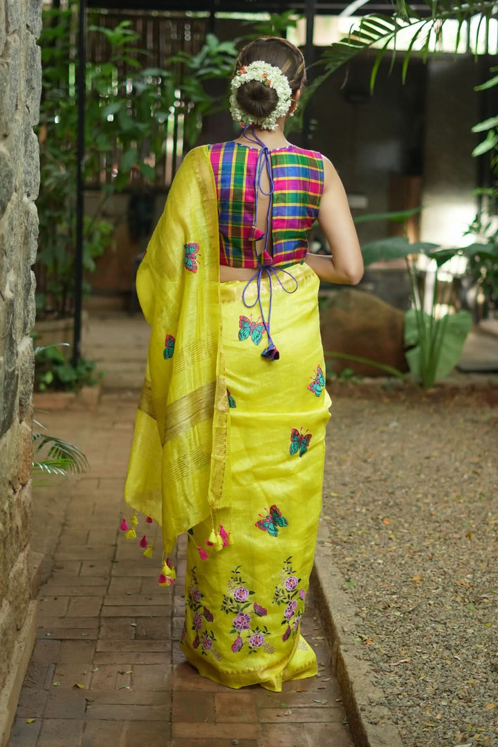 Blooms of Joy - Floral Embroidered Silk Linen Saree in Sunshine Yellow