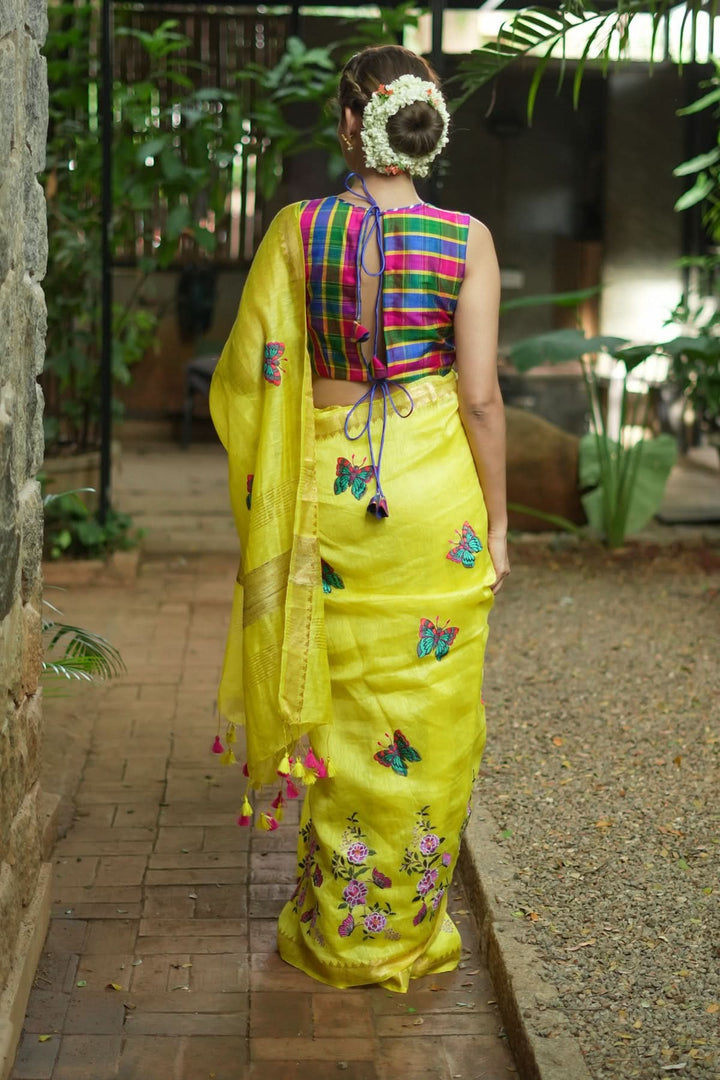 Blooms of Joy - Floral Embroidered Silk Linen Saree in Sunshine Yellow