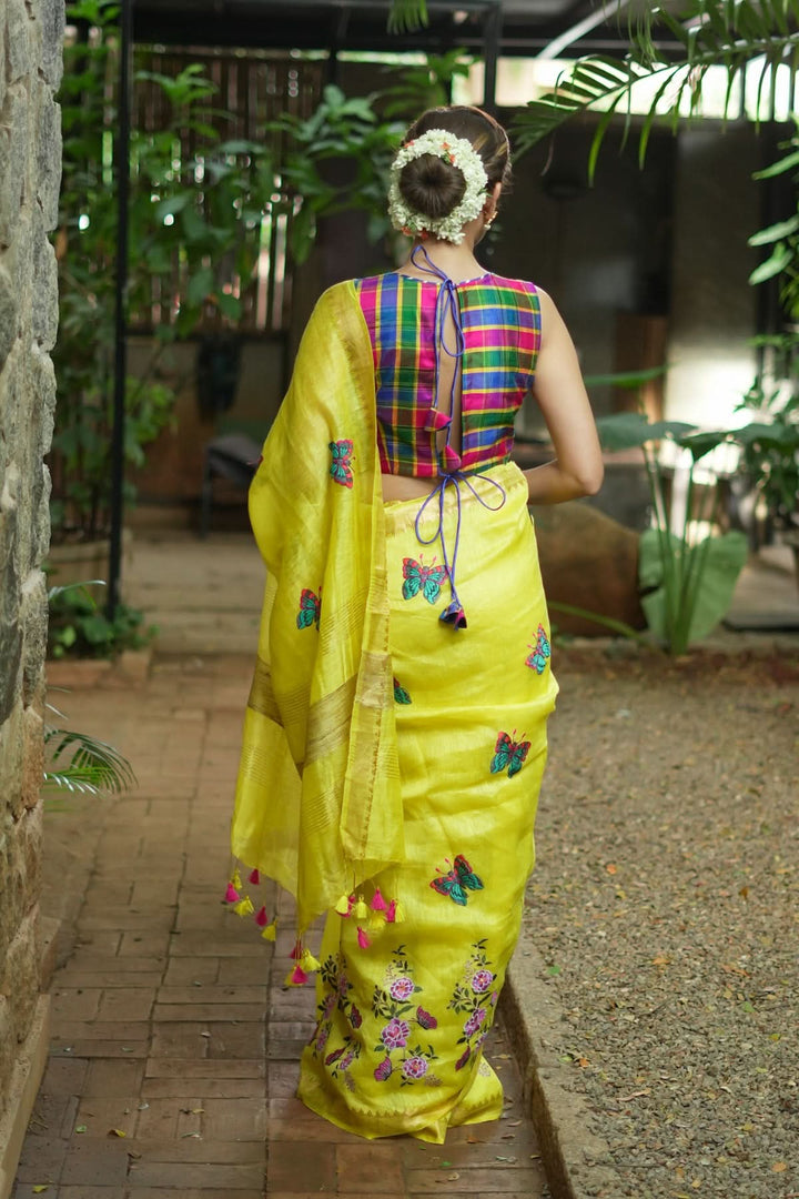 Blooms of Joy - Floral Embroidered Silk Linen Saree in Sunshine Yellow
