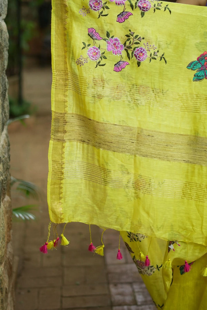 Blooms of Joy - Floral Embroidered Silk Linen Saree in Sunshine Yellow