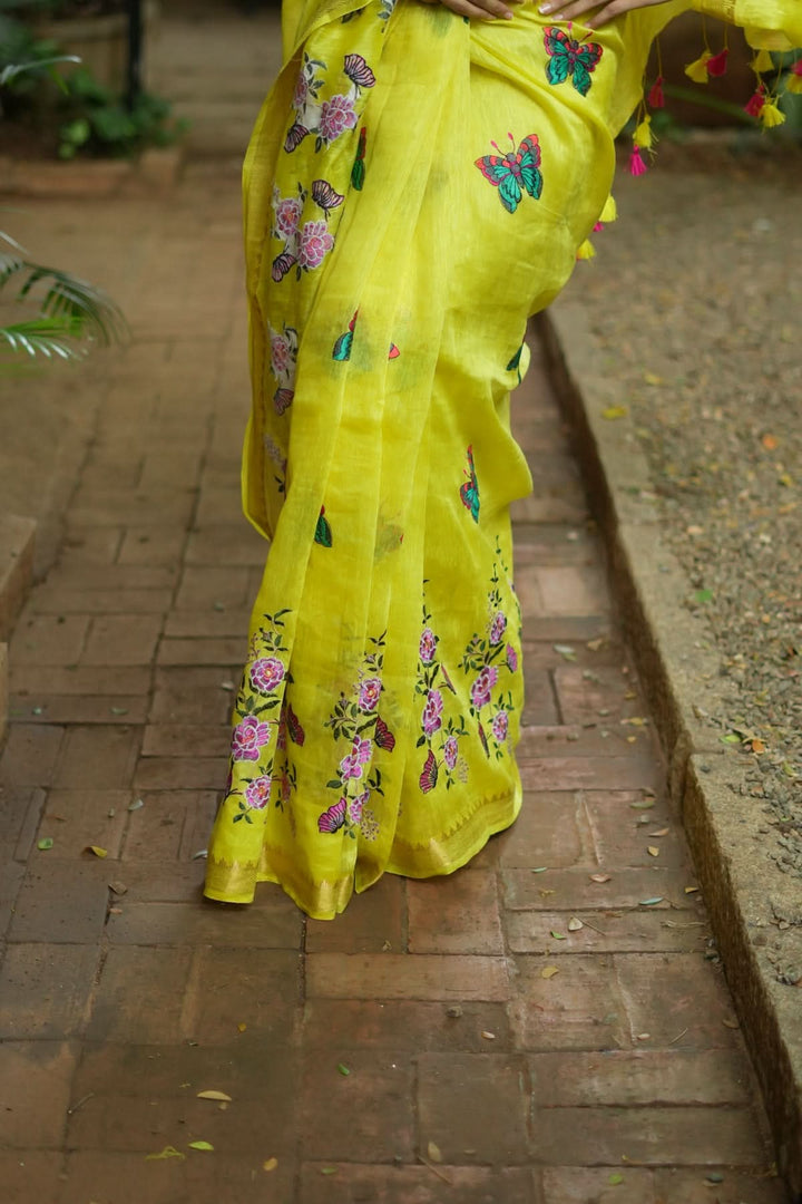 Blooms of Joy - Floral Embroidered Silk Linen Saree in Sunshine Yellow