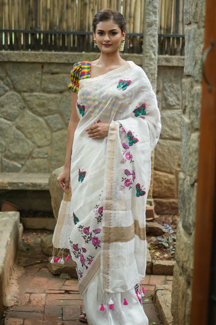 Blooms of Joy - Floral Embroidered Silk Linen Saree in Off White