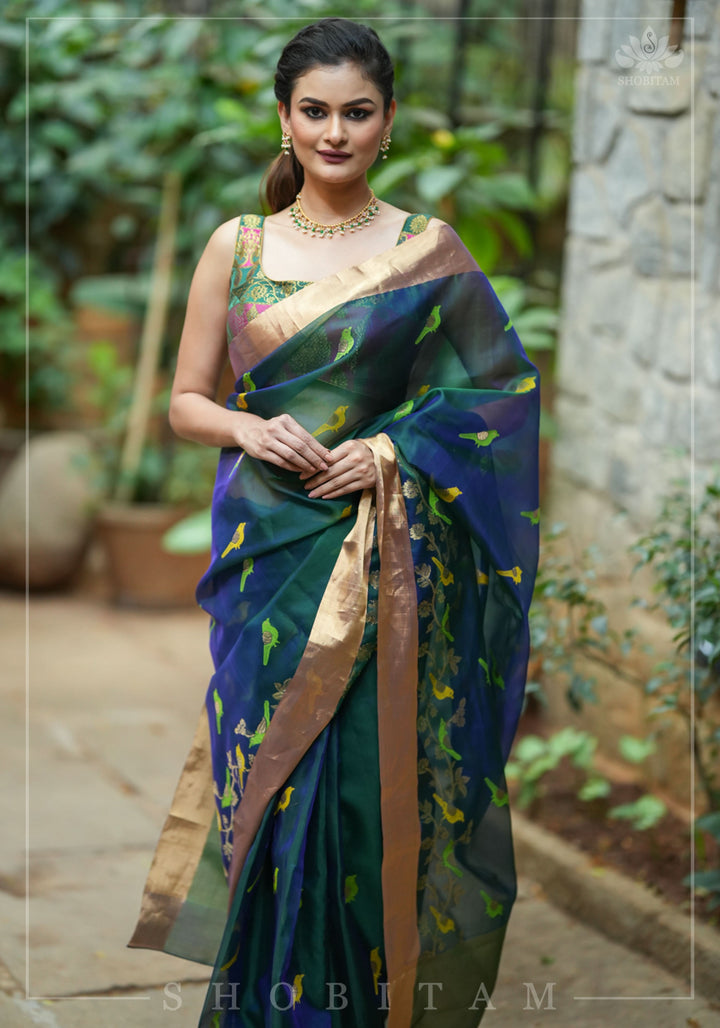 Meenakari Birds Chanderi Silk Saree in Blue Green Dual Tone